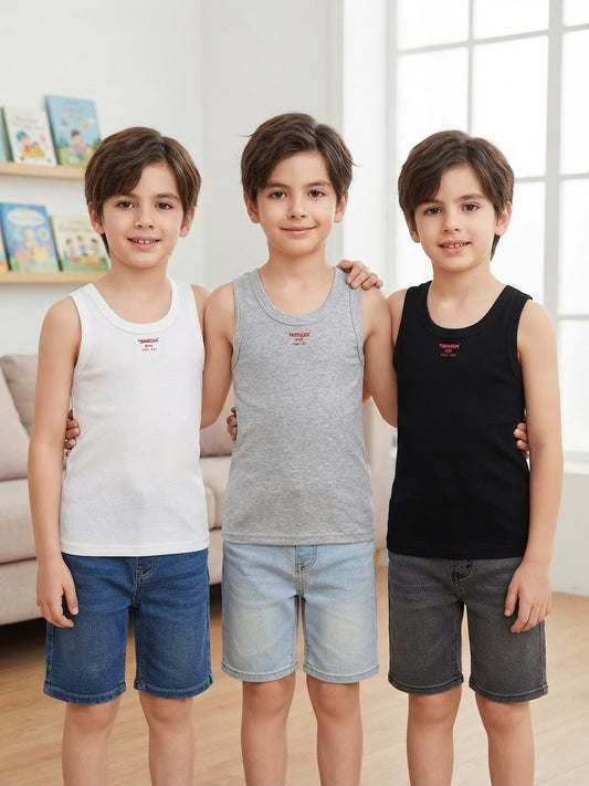 Pack de 3 Débardeurs Garçon en Coton – Noir, Blanc & Gris
