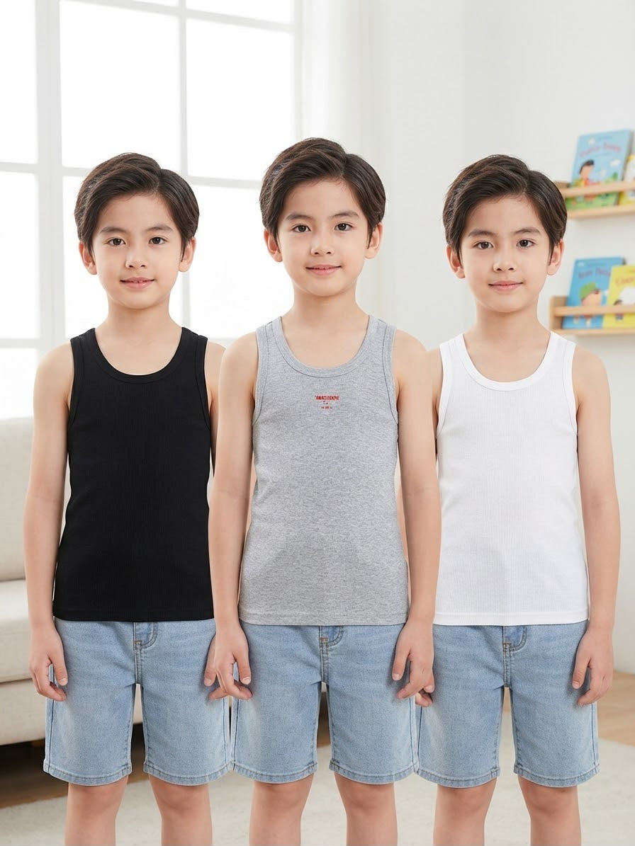 Pack de 3 Débardeurs Garçon en Coton – Noir, Blanc & Gris
