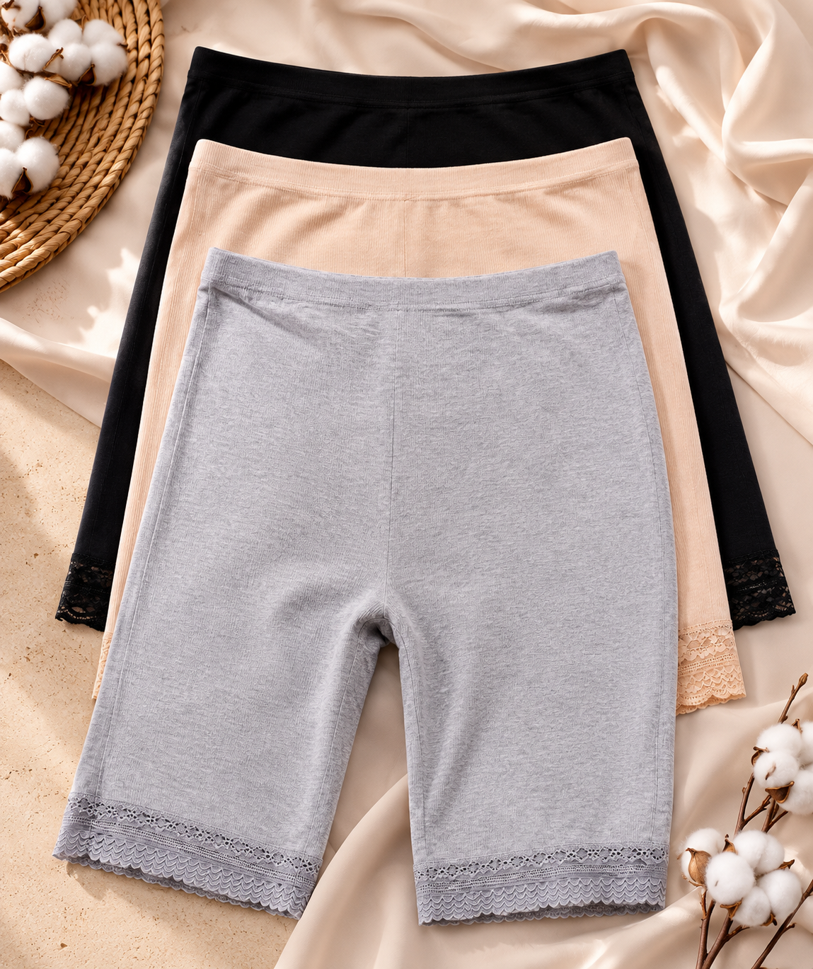 Pack 3 Cuissards Coton Premium – Noir, Beige & Gris