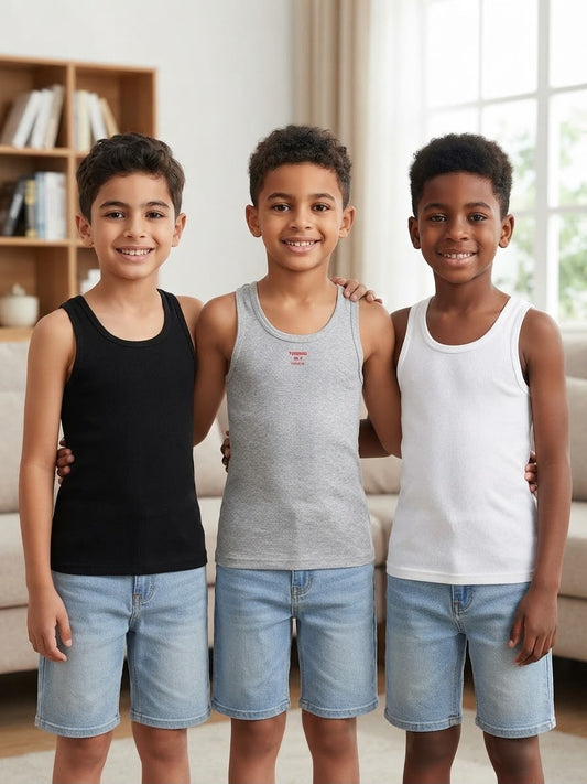 Pack de 3 Débardeurs Garçon en Coton – Noir, Blanc & Gris